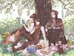  2boys :d apple arizuka_(catacombe) basket black_hair bloodborne bonnet book boots bottle bread brown_footwear brown_headwear brown_pants brown_vest day doll_joints dress eating female flower flower_wreath food fruit grass grey_hair hat highres holding holding_book hunter_(bloodborne) joints knee_boots messengers_(bloodborne) multiple_boys open_book outdoors pants plain_doll plant shirt short_hair sitting smile striped_clothes striped_shirt tree tricorne vest white_shirt 