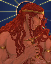  1boy absurdres armlet bare_arms bare_shoulders beads blue_background body_freckles braid crown earrings elden_ring freckles gold_bracelet gold_crown gold_earrings golden_sword hair_beads hair_ornament highres holding holding_sword holding_weapon jewelry lesbianviolet long_hair looking_to_the_side male_focus multiple_braids radagon_of_the_golden_order red_hair sunburst sunburst_background sword sword_hilt topless_male wavy_hair weapon yellow_eyes 