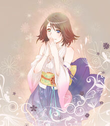  applemac blue_eyes breasts brown_hair closed_mouth commentary_request detached_sleeves female final_fantasy final_fantasy_x graphite_(medium) green_eyes hakama hakama_skirt heterochromia japanese_clothes jewelry looking_at_viewer necklace photoshop_(medium) short_hair skirt smile solo traditional_media yuna_(ff10) 