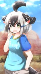  :d ahoge arm_up bird_tail black_hair blue_shirt blue_sky blurry blurry_background clenched_hand clothes_writing cloud commentary_request day desert female greater_roadrunner_(kemono_friends) green_eyes hand_in_pocket highres kemono_friends kemono_friends_2 multicolored_hair oerba_yun_fang open_mouth outdoors shirt short_sleeves shorts sky smile solo standing t-shirt tail talented_feather teeth two-tone_hair upper_body upper_teeth_only white_hair 