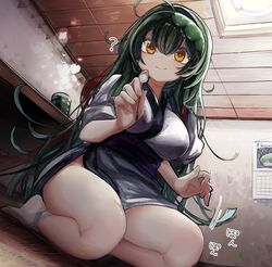  ? breasts calendar_(object) commentary cup female green_hair hair_between_eyes hair_ornament highres holding japanese_clothes kimono lap_pillow_invitation long_hair looking_at_viewer microa mimikaki motion_lines seiza sitting socks steam thighs touhoku_zunko vocaloid voiceroid white_socks yellow_eyes yunomi zunda_mochi 