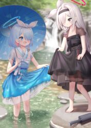  2girls alternate_costume arona_(blue_archive) barefoot black_dress black_eyes black_hairband blue_archive blue_dress blue_eyes blue_hair blue_halo blue_pupils blue_umbrella bow_hairband braid breasts closed_mouth colored_inner_hair commentary commission dress hair_over_one_eye hair_ribbon hairband halo hanbok highres holding holding_umbrella ine_(ineinnen) korean_clothes light_blue_hair long_hair medium_dress multicolored_hair multiple_girls oil-paper_umbrella open_mouth pink_hair pink_halo pink_pupils pixiv_commission plana_(blue_archive) ribbon short_hair short_sleeves side_braid single_braid skirt_hold small_breasts standing toenails toes two-tone_hair umbrella wading white_hair white_hairband white_ribbon 