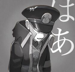  1boy ake_(limited_timeac) bags_under_eyes coat commentary_request facial_hair goatee greyscale hat high_collar highres ingo_(pokemon) male_focus monochrome overcoat peaked_cap pearl_clan_outfit pokemon pokemon_legends:_arceus sideburns sigh slouching solo upper_body 