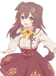  :d animal_ears blush_stickers bone_hair_ornament bow breasts brown_eyes brown_hair brown_skirt cartoon_bone collared_shirt commentary_request diagonal_stripes dog_ears dog_girl dog_tail female frilled_skirt frills hair_between_eyes hair_ornament high-waist_skirt hololive inugami_korone inugami_korone_(street) long_hair long_sleeves medium_breasts open_mouth puffy_long_sleeves puffy_sleeves shirt simple_background skirt smile solo striped striped_bow tadanoshi_kabane tail virtual_youtuber white_background white_shirt 