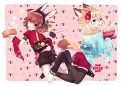  2017 accessory anthro arms_bent bangs bent_legs biped black_hairband blonde_hair border bowl brown_hair canid canine chopsticks clothed clothing container dark_hairband dipstick_tail duo egg_(food) flower flower_in_hair food fox hair hair_accessory hairband head_turned holding_bowl holding_container holding_food holding_object lagomorph leporid light_border looking_at_viewer looking_back looking_back_at_viewer mammal markings monotone_hair multicolored_tail noodles oncha one_calf_up onigiri plant prick_ears raised_calf raised_foot rice short_hair shoulderless_clothing shrimp_(food) signature simple_background tail tail_markings white_border 