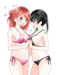  2girls asymmetrical_docking bikini black_bikini black_hair braid braided_bun breast_press breasts commentary gradient_hair green_eyes green_hair hair_bun hair_ornament hairclip heart highres holding_hands interlocked_fingers looking_at_another love_live! love_live!_nijigasaki_high_school_idol_club medium_breasts medium_hair multicolored_hair multiple_girls navel open_mouth pink_bikini pink_hair ririn_(ririn_501) short_twintails side-tie_bikini_bottom simple_background single_side_bun swimsuit takasaki_yu twintails twitter_username uehara_ayumu white_background yellow_eyes yuri 