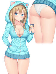  animal_ears animal_hood ass bachibachi_(tisen) back blonde_hair blue_eyes breasts cellphone cleavage closed_mouth commentary cropped_legs female girls&#039;_frontline green_jacket hair_ornament hairband hand_in_pocket highres holding holding_phone hood jacket jewelry long_hair looking_at_viewer medium_breasts multiple_views phone ring sidelocks simple_background smartphone snowflake_hair_ornament standing suomi_(girls&#039;_frontline) swimsuit swimsuit_under_clothes thigh_gap thighs underwear variant_set white_background 