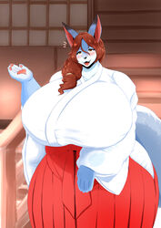  2021 5_fingers alternate_version_at_source amber_eyes anthro asian_clothing atherbirochi big_breasts black_body black_fur black_nose blue_body blue_fur blush bottomwear breasts brown_hair canid canine claws clothed clothing cute_fangs digital_media_(artwork) dipstick_ears ear_markings east_asian_clothing emanata fangs female female_anthro finger_claws fingers fox fur hair hakama hee-na hi_res huge_breasts japanese_clothing kemono looking_at_viewer mammal miko_outfit multicolored_body multicolored_ears multicolored_fur open_mouth open_smile pawpads shrine_maiden smile solo tail teeth tongue two_tone_body two_tone_fur white_body white_fur 