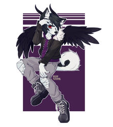  anthro black_body black_eyeshadow black_fur black_hair black_horn black_wings bridge_piercing canid canine canis cross demon domestic_dog ear_piercing eyeshadow facial_piercing fur hair hi_res horn husky makeup male mammal nordic_sled_dog nose_piercing piercing red_eyes rivey_ravenheart septum_piercing smutty_pancakes solo spitz white_body white_fur wings 