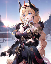  :d armor asc11 bare_shoulders bianka_durandal_ataegina bianka_durandal_ataegina_(nibelungen_traumlied)_(honkai_impact) bianka_durandal_ataegina_(palatinus_equinox) black_dress black_gloves blonde_hair blue_eyes braid breasts chinese_commentary cleavage commentary_request cowboy_shot detached_sleeves dress earrings female flower gloves hair_between_eyes hair_ornament highres honkai_(series) honkai_impact_3rd horns jewelry large_breasts long_hair looking_at_viewer multicolored_hair official_alternate_costume open_mouth outdoors rose smile snow solo very_long_hair 