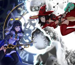  2girls absurdres black_gloves black_hair black_skirt blue_eyes blue_hair blue_ribbon breasts cape crossover dual_wielding face-to-face fighting_stance gloves green_eyes guilty_gear guilty_gear_strive guitar hat headdress heterochromia highres holding holding_sword holding_weapon hololive hololive_english i-no instrument jacket leather leather_choker leather_gloves leather_jacket leather_shorts multiple_girls ouro_kronii power_connection red_leather ribbon sideboob skirt sword thighhighs trolllogicworks virtual_youtuber weapon witch witch_hat 