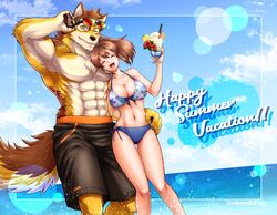  2021 5_fingers abs anthro barrel_(live_a_hero) biceps blue_sky breasts brown_hair canid canine canis clothing countershading day detailed_background digital_media_(artwork) duo english_text eyewear female female_operator fingers fur hair human kemono lifewonders live_a_hero male mammal muscular muscular_anthro muscular_male pecs protagonist_(live_a_hero) seaside simple_background skmnt01 sky summer sunglasses swimwear text textured_background water wolf 