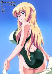  ass blonde_hair blue_background breasts dated elf female holding holding_towel long_hair looking_at_viewer looking_back nafta one-piece_swimsuit parted_lips pointy_ears signature simple_background smile solo swimsuit teeth tiffania_westwood towel upper_teeth_only zero_no_tsukaima 