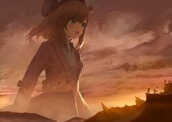  :3 athenawyrm beret blue_eyes blush bow brown_hair cardigan cloud cloudy_sky commentary dust giant giantess hair_ornament hairbow hat highres long_sleeves medium_hair nijisanji open_mouth pink_cardigan shirt skirt sky smile smoke standing sunset suzuhara_lulu upper_body virtual_youtuber white_shirt x_hair_ornament 