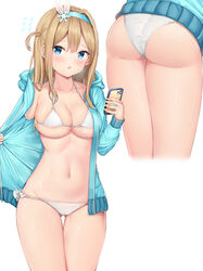  ass ass_visible_through_thighs bachibachi_(tisen) back bikini bikini_under_clothes blonde_hair blue_eyes breasts cellphone cleavage closed_mouth commentary cropped_legs female girls&#039;_frontline green_jacket hair_ornament hairband highres holding holding_phone jacket jewelry long_hair looking_at_viewer medium_breasts micro_bikini multiple_views navel open_clothes open_jacket open_mouth opened_by_self phone ring sidelocks simple_background skindentation smartphone snowflake_hair_ornament standing suomi_(girls&#039;_frontline) sweatdrop swimsuit thigh_gap thighs variant_set white_background 