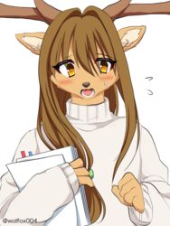  4_fingers anthro antlers blush bodily_fluids clothed clothing deer female fingers flying_sweatdrops front_view fur hair hi_res holding_object horn mammal open_mouth pillarbox pink_tongue solo sweat sweatdrop teeth tongue topwear wolfox004 