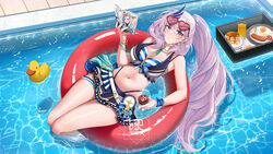  afloat bikini bikini_skirt bikini_under_clothes blue_bikini blue_eyes blush braid braided_bangs breasts cleavage collarbone day earrings feather_hair_ornament feathers female front-tie_bikini_top front-tie_top grey_hair hair_ornament highleg highleg_bikini highres hololive hololive_indonesia hololive_summer_2023_swimsuit innertube jewelry landacdeus large_breasts long_hair looking_at_viewer navel open_mouth outdoors paid_reward_available pavolia_reine pool signature soaking_feet solo striped_bikini striped_clothes swim_ring swimsuit virtual_youtuber water wet 