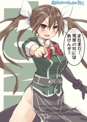  absurdres bow bowtie brown_hair character_name commentary_request cowboy_shot elbow_gloves female gloves green_shirt hair_between_eyes hair_ribbon highres kantai_collection kitahama_(siroimakeinu831) long_hair looking_at_viewer military_uniform one-hour_drawing_challenge pelvic_curtain pointing red_bow red_bowtie ribbon shirt side_slit single_elbow_glove single_glove solo tone_(kancolle) tone_kai_ni_(kancolle) translation_request twintails twitter_username uniform white_background white_ribbon 