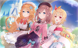  3girls :3 apron blonde_hair blue_eyes bow bowtie braid brown_hair cardigan castle collared_shirt commission crop_top dress flower hair_flower hair_ornament hat heterochromia highleg highres hoshikawa_sara long_hair multiple_girls nijisanji off_shoulder open_mouth orange_hair otogibara_era red_eyes shirt short_hair shorts side_ponytail smile suzuhara_lulu suzuhara_lulu_(1st_costume) upper_body virtual_youtuber x_hair_ornament yellow_eyes zky_(oekaky) 