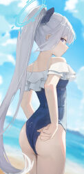  absurdres animal_ears ass blue_archive blue_halo blue_one-piece_swimsuit bow casual_one-piece_swimsuit fake_animal_ears female frilled_one-piece_swimsuit frills from_behind haimaotuanzi hairbow halo highres long_hair looking_at_viewer miyako_(blue_archive) miyako_(swimsuit)_(blue_archive) off-shoulder_one-piece_swimsuit off_shoulder official_alternate_costume one-piece_swimsuit ponytail purple_eyes solo swimsuit swimsuit_tug 
