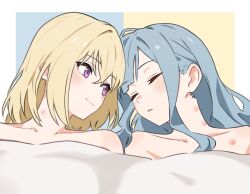  2girls add_leir after_sex bang_dream! bang_dream!_it&#039;s_mygo!!!!! blonde_hair blue_background blue_hair blush border chinese_commentary closed_eyes closed_mouth commentary_request hickey highres long_hair medium_hair misumi_uika multiple_girls nude parted_lips purple_eyes smile togawa_sakiko under_covers white_border yellow_background yuri 