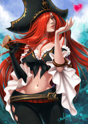  arkuny artist_name black_gloves black_hat black_pants blowing_kiss breasts cleavage commentary elbow_gloves english_commentary female gloves gun hair_over_one_eye hat heart holding holding_gun holding_weapon large_breasts league_of_legends long_hair looking_at_viewer miss_fortune_(league_of_legends) navel ocean one_eye_covered pants pirate pirate_hat red_hair single_elbow_glove solo stomach weapon 