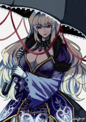  alternate_costume black_hairband black_umbrella blonde_hair breasts brooch chinese_commentary cleavage commentary_request cowboy_shot disembodied_eye dress female gap_(touhou) gloves hairband highres holding holding_umbrella huanyizi jewelry koumajou_densetsu koumajou_densetsu_2 lace-trimmed_umbrella large_breasts long_hair open_mouth purple_dress purple_eyes smile solo touhou umbrella white_gloves wide_sleeves yakumo_yukari 