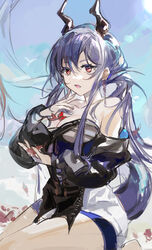  :o arknights bare_shoulders between_breasts black_jacket blue_hair blue_sky breasts ch&#039;en_(arknights) ch&#039;en_the_holungday_(arknights) cleavage collarbone day dragon_horns female highres horns jacket large_breasts lens_flare long_hair long_sleeves looking_at_viewer low_twintails miniskirt off_shoulder open_clothes open_jacket open_mouth outdoors qianzhu red_eyes sitting skirt sky solo twintails very_long_hair white_skirt 