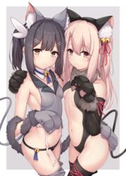  2girls animal_ear_fluff animal_ears animal_hands arata_(xin) asymmetrical_docking bare_shoulders bell black_hair black_leotard blonde_hair blush border breast_press breasts brown_eyes cat_ears cat_tail center_opening closed_mouth crop_top elbow_gloves fate/kaleid_liner_prisma_illya fate_(series) feather_hair_ornament feathers gloves grey_background hair_ornament highleg highleg_leotard highres illyasviel_von_einzbern illyasviel_von_einzbern_(beast_style) jingle_bell leotard light_smile long_hair looking_at_viewer md5_mismatch miyu_edelfelt miyu_edelfelt_(beast_style) multiple_girls navel official_alternate_costume panties paw_gloves red_eyes revision small_breasts tail thighs twintails underwear white_border 