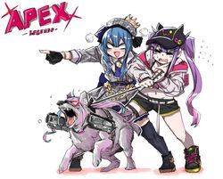  2girls animalization apex_legends b3_wingman bibi_(tokoyami_towa) black_gloves black_thighhighs blank_eyes blue_hair canine commentary fishnet_legwear fishnets flying_sweatdrops gloves glowing glowing_eye groin gun hair_ribbon harness hat highres holding holding_leash hololive hoshimachi_suisei hoshimachi_suisei_(1st_costume) leash leash_pull long_hair minato_aqua multiple_girls no_pupils partially_fingerless_gloves pointing pointing_forward purple_hair ribbon shorts single_thighhigh startend_(hololive) struggling sweat takoongyi thighhighs tokoyami_towa tokoyami_towa_(1st_costume) twintails virtual_youtuber weapon 