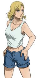  absurdres blonde_hair blue_eyes blue_shorts braid breasts cleavage crop_top female hands_on_own_hips highres koda_minare lezissmitozer looking_to_the_side midriff nami_yo_kiite_kure shirt short_hair shorts solo tomboy white_background white_shirt 