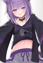  animal_collar animal_ears bad_id bad_twitter_id blush cat_ears collar collarbone female hair_between_eyes highres hololive jacket looking_at_viewer navel nekomata_okayu nekomata_okayu_(1st_costume) open_mouth purple_eyes purple_hair sasahara_wakaba short_hair simple_background solo stomach twitter_username virtual_youtuber white_background 