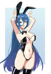  :d absurdres animal_ears armpits bare_arms bare_shoulders black_bow black_bowtie black_thighhighs blue_hair border bow bowtie breasts cleavage cokeanut10 commentary_request covered_navel cowboy_shot detached_collar fake_animal_ears female hair_between_eyes hands_up highleg highleg_leotard highres large_breasts latex latex_legwear latex_thighhighs legs_apart leotard long_hair looking_at_viewer meme_attire multicolored_hair open_mouth original playboy_bunny rabbit_pose see-through see-through_leotard simple_background smile solo strapless strapless_leotard streaked_hair thighhighs thighs translucent_bunnysuit two-tone_background very_long_hair white_border wrist_cuffs 