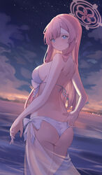  absurdres ass bikini blue_archive breasts cake_walker closed_mouth cloud female from_behind halo highres large_breasts long_hair looking_at_viewer looking_back mimori_(blue_archive) mimori_(swimsuit)_(blue_archive) night night_sky ocean pink_hair sarong see-through see-through_sarong sky smile solo star_(sky) starry_sky swimsuit very_long_hair wading white_bikini 