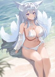  animal_ear_fluff animal_ears arm_rest azur_lane bare_legs beach bikini blue_eyes breasts cleavage closed_mouth commentary_request detached_sleeves female fox_ears fox_tail highres kitsune large_breasts long_hair looking_at_viewer mole mole_under_eye natsuki_(natsu_1936) navel official_alternate_costume outdoors sand see-through see-through_sleeves shinano_(azur_lane) shinano_(dreamy_white_sands)_(azur_lane) sitting smile solo stomach swimsuit tail water white_bikini white_hair white_tail 