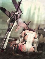  absurdres airport96 alice_gear_aegis back commentary_request dirt female highres mecha_musume pink_hair planted planted_sword protected_link sitting solo sword weapon yotsuya_yumi 