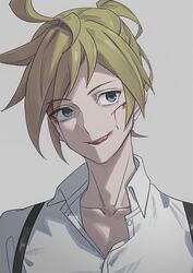  1boy blood blood_on_face blue_eyes collarbone commentary cuts grey_background injury kagamine_len licking_lips male_focus portrait shirt short_ponytail sideways_glance smile solo spiked_hair suspenders tongue tongue_out vocaloid white_shirt wounds404 