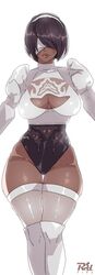  2p_(nier:automata) alternate_color artist_name black_leotard blindfold boots breasts cleavage_cutout clothing_cutout commentary covered_eyes dark-skinned_female dark_skin female headband juliet_sleeves large_breasts leotard lips long_sleeves mole mole_under_mouth nier:automata nier_(series) parted_lips player_2 protected_link puffy_sleeves r3dfive simple_background soulcalibur soulcalibur_vi standing symbol-only_commentary thick_thighs thigh_boots thighhighs thighs white_background white_blindfold white_headband white_legwear 