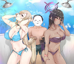  1boy 2girls alternate_costume aqua_bikini asuna_(blue_archive) bikini black_bikini black_hair blue_archive breasts cleavage clothed_bath commentary_request doodle_sensei_(blue_archive) fingernails halo highres karin_(blue_archive) large_breasts light_brown_hair looking_at_viewer multiple_girls murabito_c nail_polish navel o-ring o-ring_bikini palm_tree sensei_(blue_archive) side-tie_bikini_bottom stomach strapless strapless_bikini string_bikini swimsuit topless_male tree water_drop 