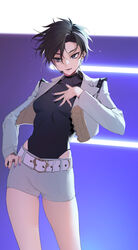  absurdres belt black_hair black_leotard breasts commentary_request contrapposto cropped_jacket female fingernails grey_jacket grey_shorts hair_between_eyes hand_on_own_chest hand_on_own_hip highres jacket keishi_(shining_star) leotard leotard_under_clothes medium_breasts microphone multicolored_hair music nail_polish ohisashiburi open_clothes open_jacket open_mouth purple_background purple_eyes purple_nails shining_star short_hair shorts singing smile solo standing streaked_hair tomboy white_hair 