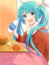  aoiyui aqua_eyes aqua_hair blush_stickers bottle commentary drink female food fruit hair_ribbon hanten_(clothes) hatsune_miku highres holding holding_bottle indoors jacket kotatsu light_blush long_hair looking_at_viewer mandarin_orange open_mouth orange_peel pocari_sweat red_jacket ribbon smile smiley_face solo table twintails under_kotatsu under_the_table vocaloid water_bottle 