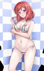  arm_under_breasts ass_visible_through_thighs bare_arms bare_shoulders bikini blue_background blush breasts breath checkered_background cleavage collarbone cutie_panther female hand_up highres looking_at_viewer love_live! love_live!_school_idol_project medium_breasts medium_hair navel nishikino_maki parted_lips playing_with_own_hair purple_eyes r-binon red_hair revision side-tie_bikini_bottom sidelocks sofmap_background solo standing step_and_repeat stomach string_bikini striped_bikini striped_clothes sweat sweatdrop swimsuit thighs tile_wall tiles twirling_hair wet white_bikini 