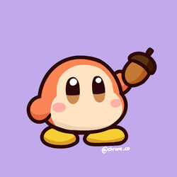  acorn artist_name brown_eyes chroneco deez_nuts_(meme) english_commentary hand_up holding kirby_(series) meme no_humans no_mouth pun purple_background simple_background waddle_dee 