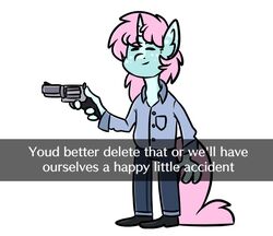  2019 anthro bottomwear closed_eyes clothing delet_this dialogue english_text equid equine female_(lore) footwear gun hair hasbro holding_gun holding_object holding_ranged_weapon holding_weapon horn itsspoopsb male mammal meme my_little_pony mythological_creature mythological_equine mythology pants pink_hair ranged_weapon scoops shoes simple_background smile solo standing text unicorn weapon white_background 