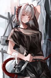  absurdres antennae arknights black_pants black_shirt breasts cooking_pot cowboy_shot demon_horns demon_tail donata_(donatasama) female grey_hair highres holding holding_knife horns knife looking_at_viewer midriff official_alternate_costume pants shirt short_hair short_sleeves small_breasts solo t-shirt tail w_(arknights) w_(fugue)_(arknights) yellow_eyes 