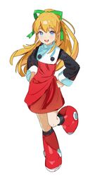  :d blonde_hair blue_eyes boots commentary dress female full_body green_ribbons hair_between_eyes hair_ribbon hands_on_own_hips highres koyoi_mitsuki long_hair long_sleeves looking_at_viewer mega_man_(classic) mega_man_(series) open_mouth ponytail red_footwear ribbon roll_(mega_man) smile solo standing standing_on_one_leg 