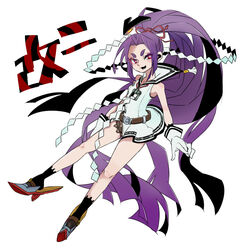  belt dress eyes_visible_through_hair female gloves hair_ornament hair_ribbon hatsuharu_(kancolle) hatsuharu_kai_ni_(kancolle) high_heels hikimayu hime_kake kantai_collection lingerie long_hair lower_teeth_only open_mouth ponytail purple_eyes purple_hair red_ribbon ribbon sailor_collar sailor_dress school_uniform serafuku sleeveless teeth thick_eyebrows underwear very_long_hair white_background white_gloves 