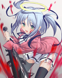  :d absurdres bad_id bad_pixiv_id black_ribbon black_thighhighs blood blood_on_face blue_hair blush bokusatsu_tenshi_dokuro-chan club_(weapon) commentary_request excalibolg female gradient_background green_eyes hair_between_eyes halo highres holding holding_weapon jacket kanabou light_blue_hair long_sleeves mimitoke mitsukai_dokuro neck_ribbon open_mouth pink_jacket red_jacket ribbon school_uniform shirt short_hair skirt smile solo spiked_club thighhighs two_side_up weapon white_shirt white_skirt zettai_ryouiki 