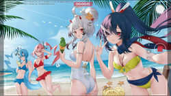  4girls akatsuki_(azur_lane) azur_lane bare_shoulders beach bikini black_hair blue_bikini blue_eyes blue_hair blue_sky breasts cleavage closed_eyes closed_mouth food hair_bun hibiki_(azur_lane) highres holding holding_food holding_ice_cream ice_cream ikazuchi_(azur_lane) inazuma_(azur_lane) long_hair looking_at_viewer manjuu_(azur_lane) medium_breasts multiple_girls navel official_art one-piece_swimsuit ootsuki_momiji open_mouth outdoors pink_hair ponytail red_bikini red_eyes sky standing standing_on_one_leg swimsuit v viewfinder white_hair 