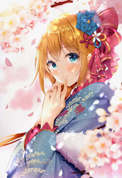  blonde_hair blue_eyes blurry blurry_foreground blush cherry_blossoms closed_mouth commentary_request conconcon1031 crossed_bangs falling_petals female finger_to_mouth flower from_side hair_flower hair_ornament japanese_clothes kimono long_hair long_sleeves looking_at_viewer looking_to_the_side own_hands_together pecorine_(new_year)_(princess_connect!) pecorine_(princess_connect!) petals princess_connect! smile solo upper_body 